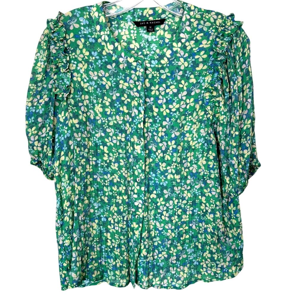 Zac & Rachel Wms M Green Floral Button Front Gauzy Top Ruffle Trim Cottagecore